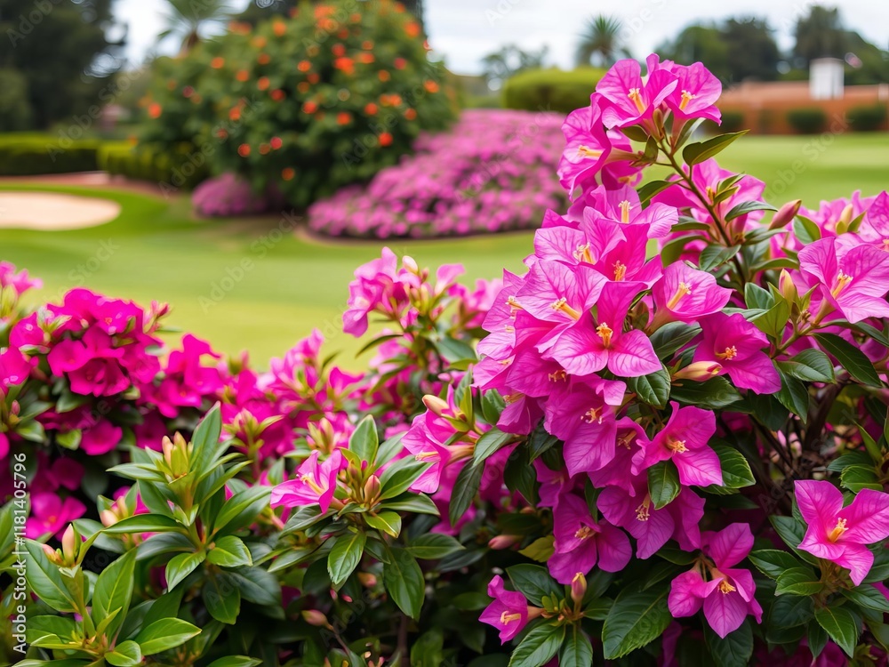 Obraz premium Vibrant bougainvillea flowers in full bloom add a pop of color to the lush greenery of a golf course, plants, nature, flowers