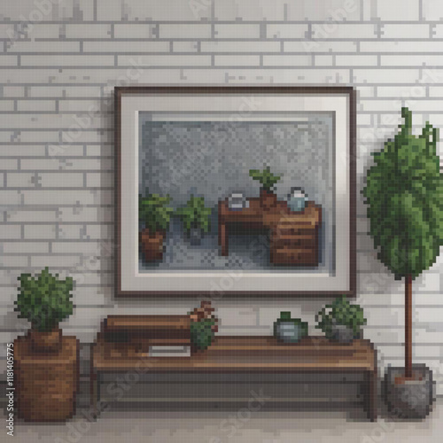Pixel art cross stitch living room design featuring a cozy couch and lush potted plants.