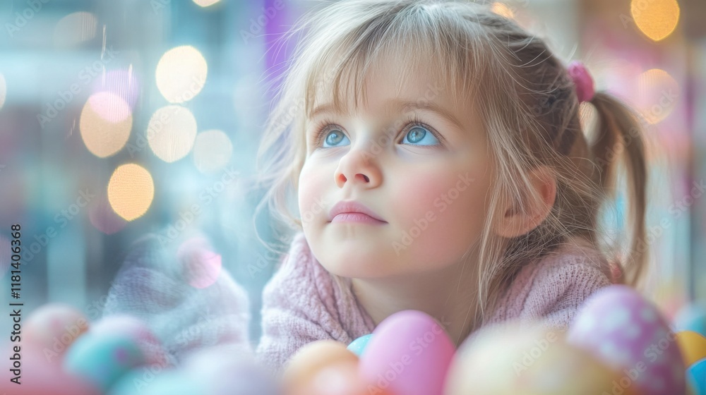 Dreamy Child Gazing Through Window with Easter Eggs and Decorations for Spring Holiday. Banner, poster with copy space Dreamy Child Gazing Through Window with Easter Eggs and Decorations for Spring Holiday. Banner, poster with copy space