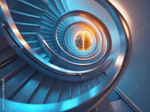 Understanding obsessive compulsive disorder through visual representation of the brain in a spiral staircase at twilight