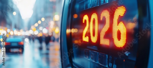 Urban Countdown A City Street Sign Displays the Year 2026 Amidst Blurred Evening Traffic photo