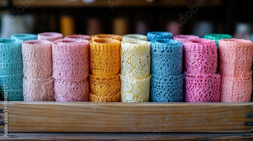 Colorful rolls of lace and ribbon displayed in a wooden tray on a rustic table