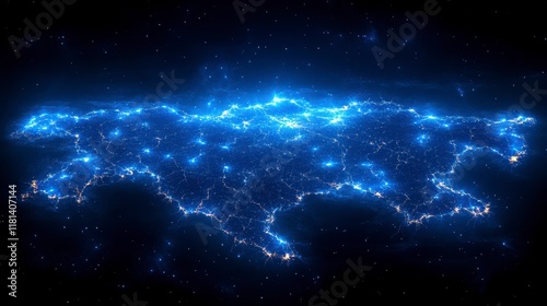 Glowing map of Switzerland at night, showing city lights and infrastructure.