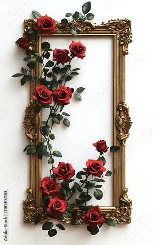 roses growing up a golden frame, photo realistic, hyper realism, white background photo