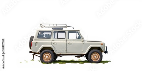 Vintage off road vehicle with roof rack parked on lush green grass, isolated on a white background, transportation, vintage, classic car photo