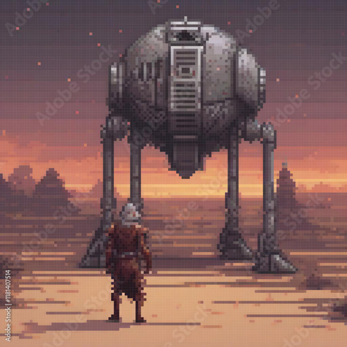 Pixel art of a man in front of a Star Wars walker