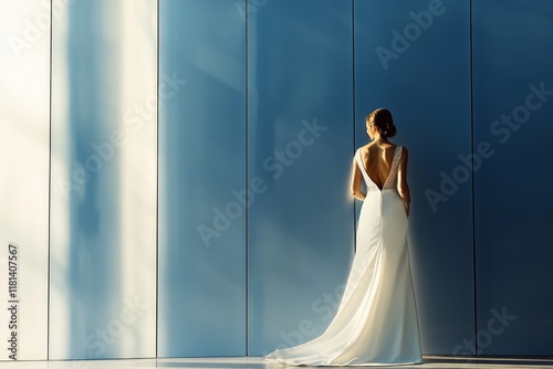 Slim bride in a sleek, modern gown, standing in a minimalist urban setting, showcasing an elegant and contemporary wedding aesthetic photo