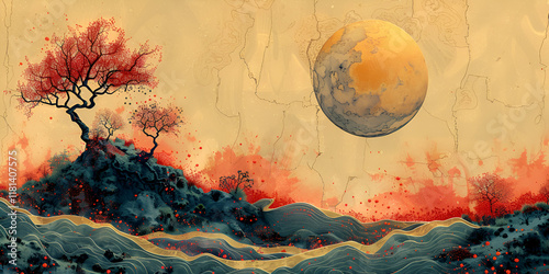Abstract surreal landscape with a full moon and trees, featuring warm, earthy tones and artistic expression.
