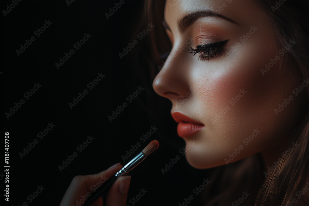 Obraz premium Woman putting blush on her face.