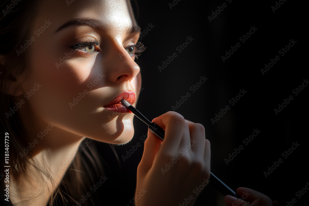 Woman painting her lips red.
