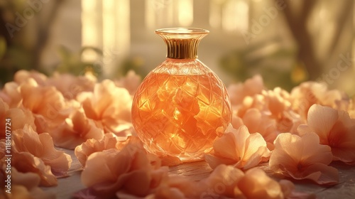 Elegant glass perfume bottle surrounded by delicate pink flowers in soft sunl...