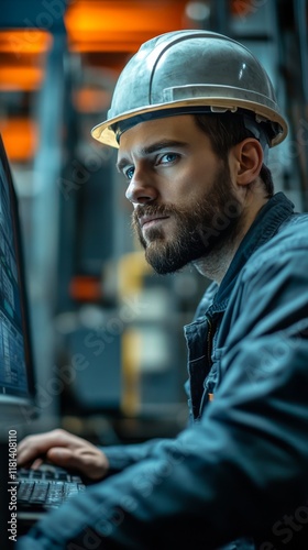 Worker focused on computer tasks in industrial setting during daytime hours