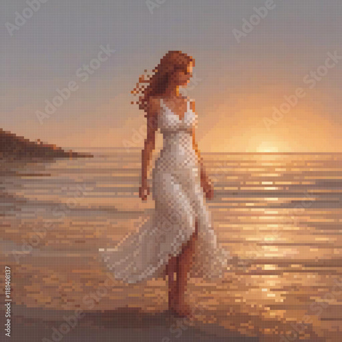 Woman in white dress strolls on sunset beach, pixel art style.