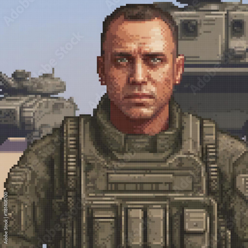 Military man in uniform, tank scene, pixel art style