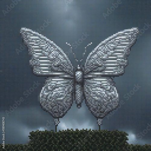 Metallic butterfly perched on verdant field, pixel art style.
