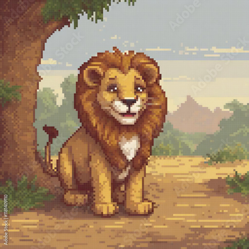 Pixel art of a majestic lion resting under a tree amidst a serene field.