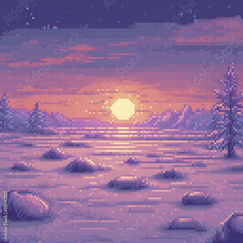 Pixel art depicting a serene snowy scene with a vibrant sunset backdrop.