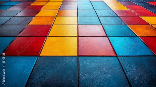 Vibrant colored tiles arranged artistically on a floor in a contemporary space