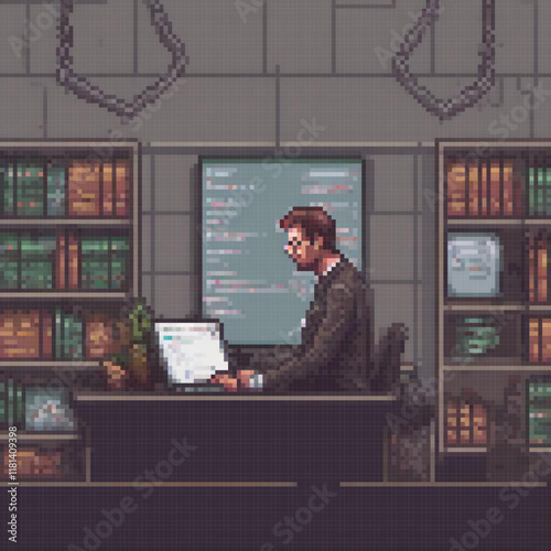 Pixel art of a man working at a desk with a computer