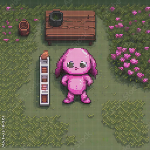 Cute pink teddy bear in a floral field with a chest nearby.