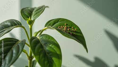 Close-up of plant leaf infested with pests on sunny day indoors, Disinsection theme
