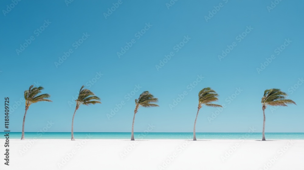 Fototapeta premium Five palm trees swaying in the wind on a beautiful white sand beach with turquoise water under a clear blue sky create a perfect tropical paradise