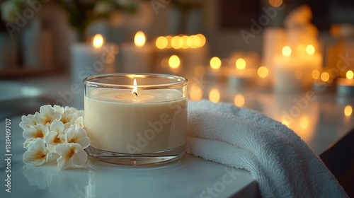 Tranquil ambiance created by scented candles and soft lighting in a cozy spac...