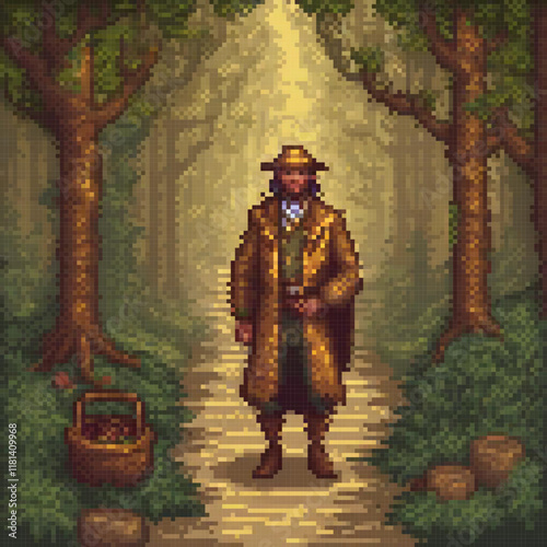Brown coat and hat man strolls in a pixel art forest scene.