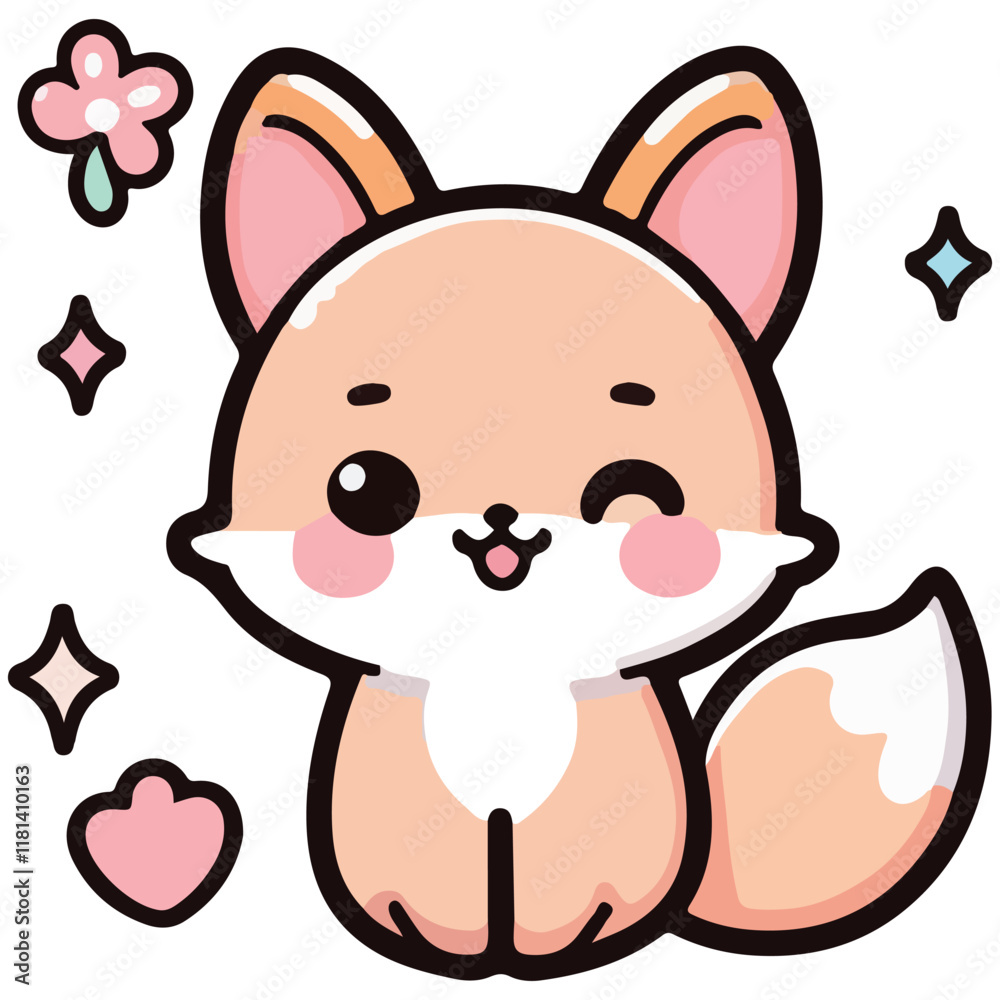 Cheerful fox, with happy smiling face expression. Cute kawaii animals, kids flat vector illustration Cheerful fox, with happy smiling face expression. Cute kawaii animals, kids flat vector illustration
