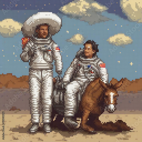 Pixel art: Astronauts ride a donkey in the desert.