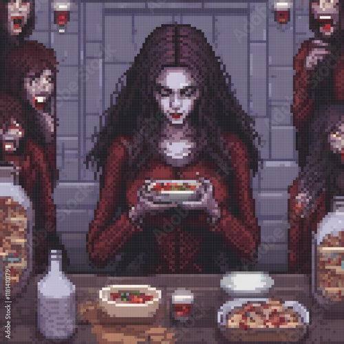 Pixel art of a woman enjoying a meal at a table