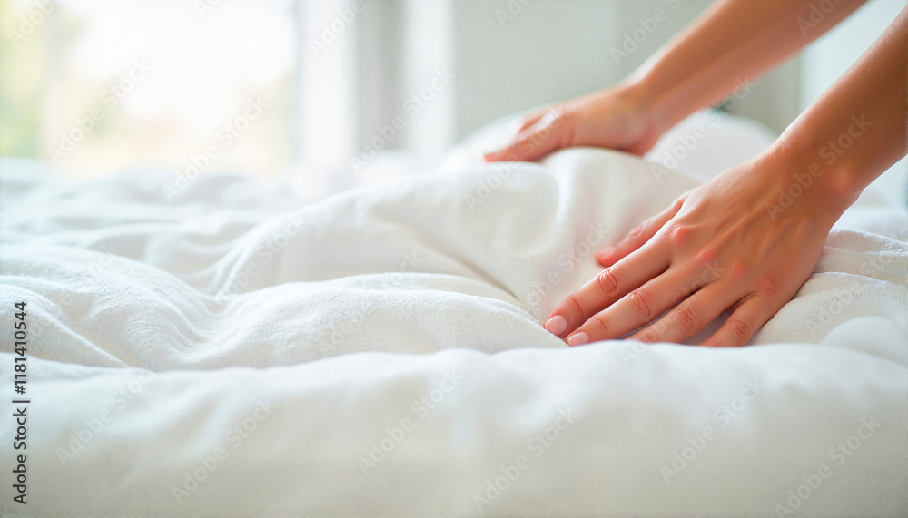 Young person making bed with white bedding and sunlight in bright bedroom, Disinsection theme Young person making bed with white bedding and sunlight in bright bedroom, Disinsection theme