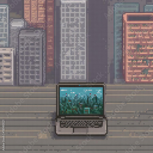 Pixel art laptop on a table, cityscape backdrop.