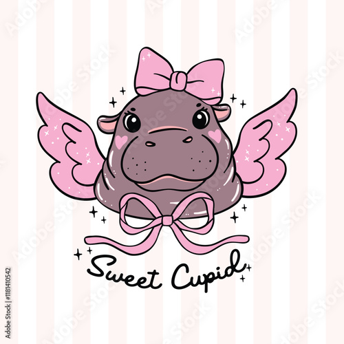 Cute Valentine Cupid Baby Pygmy Hippo Retro Hand Drawn Cartoon Character