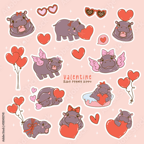 Cute Retro Valentine Baby Pygmy Hippo Hand Drawn Sticker Collection