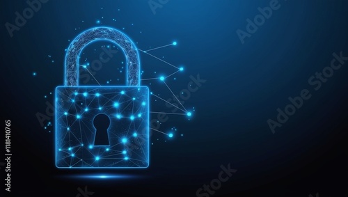 Wallpaper Mural Lock Symbol Made of Lines and Triangles with Network Point Connections on a Blue Background - Vector Illustration. Torontodigital.ca