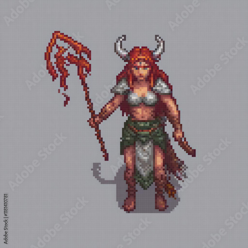 Pixel art of a fierce woman wielding a scythe, adorned with horns.