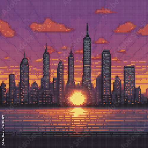 Pixel art captures a vibrant city skyline at sunset, showcasing the beauty of urban landscapes.