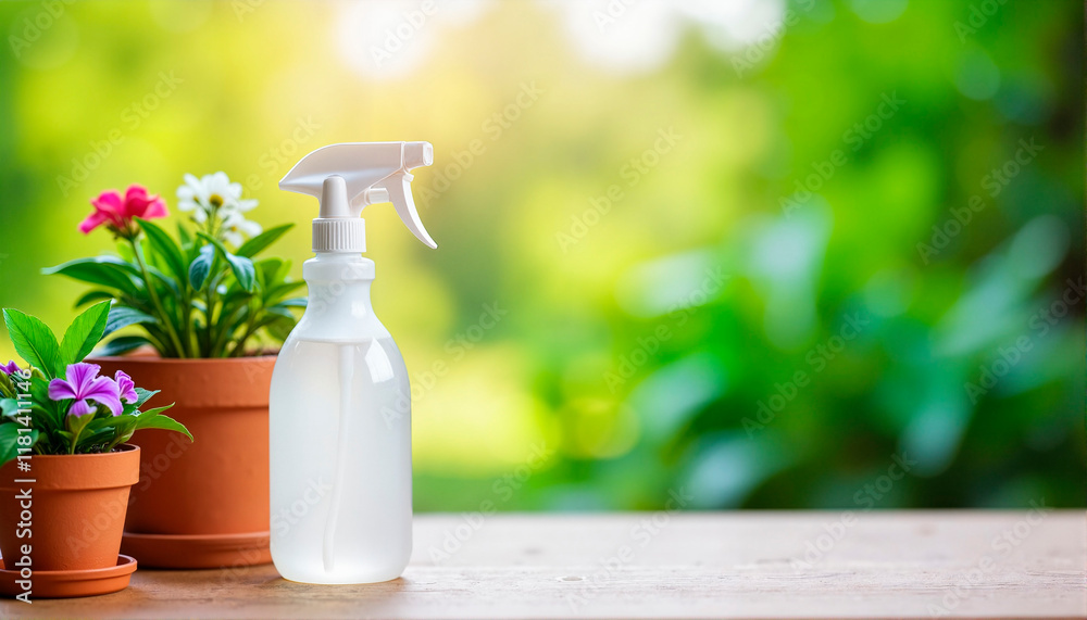 Spray bottle for plants care on wooden table with potted flowers, vibrant greenery background, copy space, Disinsection theme Spray bottle for plants care on wooden table with potted flowers, vibrant greenery background, copy space, Disinsection theme