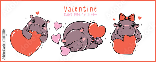 Group of Cute Valentine Baby Pygmy Hippo Hand Drawn Cartoon Character