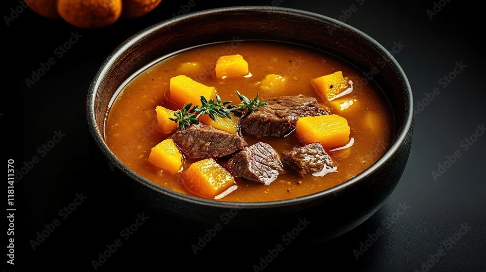 A bowl of traditional beef and butternut squash soup with pumpkin, served on a black background A bowl of traditional beef and butternut squash soup with pumpkin, served on a black background