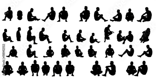 Vector illustration of various sitting man silhouettes in different poses and angles, design, poses, collection
