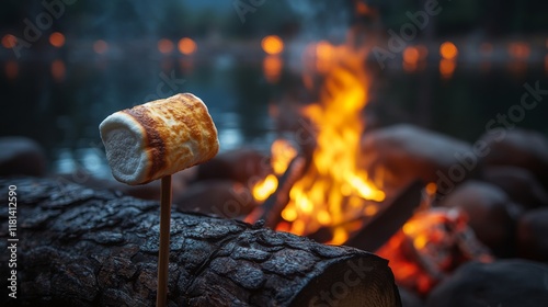 Enjoying marshmallows roasted over a campfire in a serene forest setting duri...