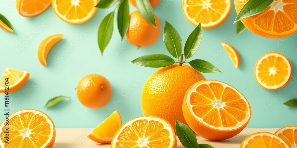 Vibrant 3D illustration of juicy orange slices on a white background, fresh, summer, juicy Vibrant 3D illustration of juicy orange slices on a white background, fresh, summer, juicy