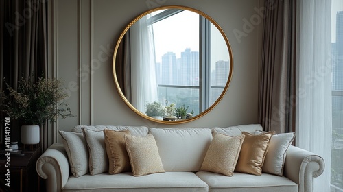 Elegant living room with a modern round mirror reflecting a city skyline