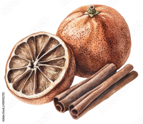 PNG Dried orange and cinnamon sticks illustration watercolor fruit. photo