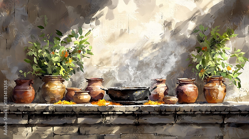 A Still Life Painting of Earthenware Pots, Flowers, and Incense Burning on a Stone Wall. A Still Life Painting of Earthenware Pots, Flowers, and Incense Burning on a Stone Wall.