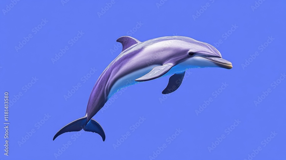 Fototapeta premium A playful dolphin leaping, set against a bright blue gradient background