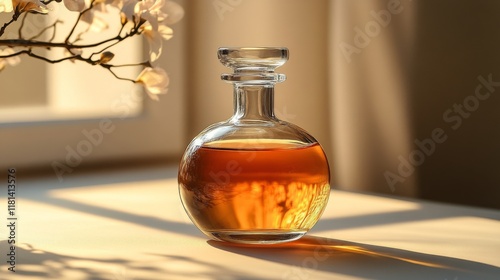 Elegant glass bottle of fragrance displayed in natural light with soft shadow...