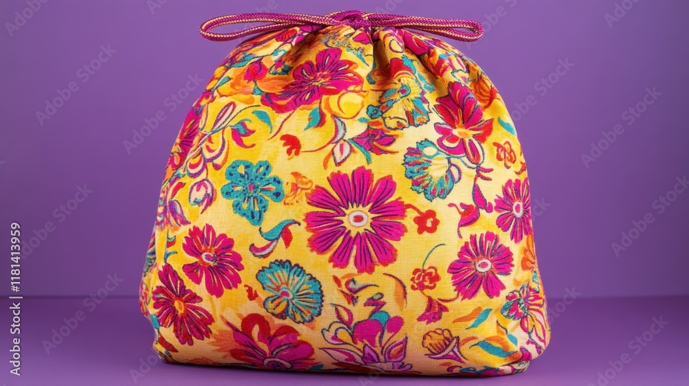 A printed fabric bag on a pastel lavender background, highlighting artisanal design A printed fabric bag on a pastel lavender background, highlighting artisanal design